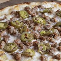 Meat & Peppers Pizza · Olive oil, mozzarella, Italian sausage, beef meatballs, jalapeños.