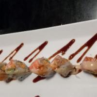 Sunkist Roll · In - spicy crab meat, asparagus. Out - salmon, shrimp, avocado.