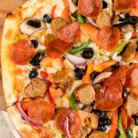 Pasta Roma Special Pizza · Pepperoni, sausage, meatball, mushroom, bell pepper, onion, olives, tomato.
