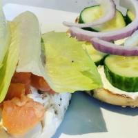 Bagel With Lox · Comes with Smoked Salmon , Artichoke spinach  spread Onions and Cappers on your choice of Ev...