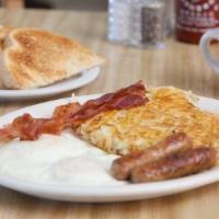 Ha-O-Le Special · Two eggs, two link sausage, two bacon with hash browns and toast.