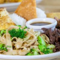 Plate B · Teriyaki chicken and steak, chow fun noodles and veggies.
