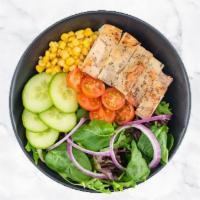 Pepper Salad With Chicken · Cucumbers, cherry tomatoes, onions, and corn over mixed greens.
