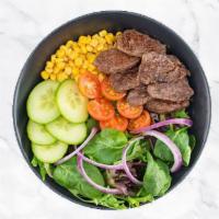 Pepper Salad With Angus Cut Steak · Cucumbers, cherry tomatoes, onions, and corn over mixed greens.
