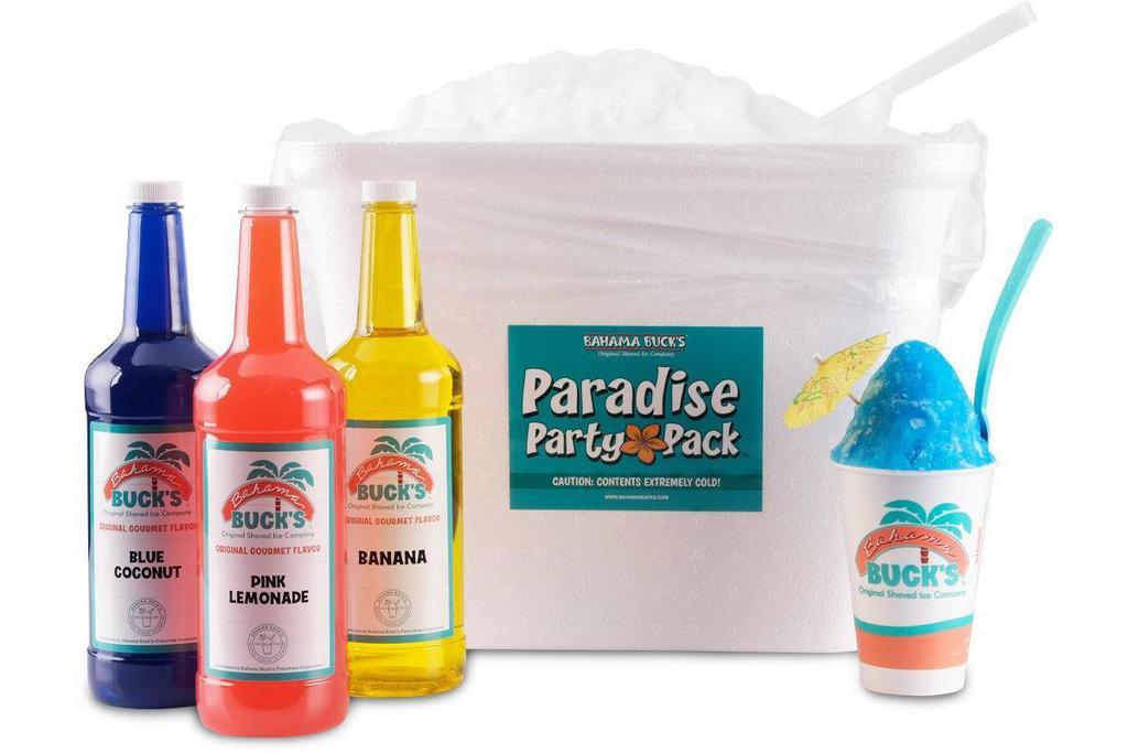 Paradise Party Pack® · Our Paradise Party Packs® are perfect for any event. Customize your Pack with your choice of flavors and toppings and let guests have some fun building their own unique shaved ice creation. . Includes 3 bottles of flavor, cups, Cool Spoons, umbrellas, plus everything needed to make the perfect shaved ice anywhere! (serves 25). TEACHERS: If you need to schedule a unique pick-up time, after submitting your order please contact your shop with your order number and name.