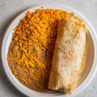 Chicken Burrito Platter · Chicken burrito with only chicken in the burrito with rice and beans on the side.