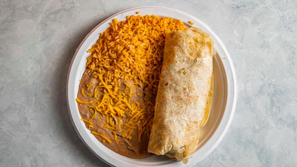 Chicken Burrito Platter · Chicken burrito with only chicken in the burrito with rice and beans on the side.