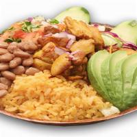 Burrito Bowl · Arroz, frijol de la olla, choice of meat, pico de gallo y aguacate