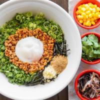 Tokyo Mazemen · Spicy. Spicy minced pork, poached egg, scallion, chives, seaweed flakes, minced garlic, and ...
