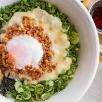 Cheese Mazemen · Spicy. Spicy minced pork, poached egg, cheese, scallion, seaweed flakes, chives, minced garl...