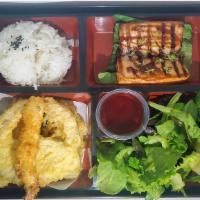 Bento Box Lunch Special · Served with soup, salad and rice with 2 items.