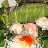 Crab Avocado Salad · Avocado, blue crab, and snow crab, served on a bed of spring mix & mayo based sauce.