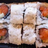 Salmon Roll · Salmon, cucumber, and seaweed, rice on the outside (8 pcs).