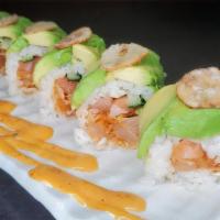 Crazy · Spicy. Salmon, yellowtail, spicy albacore, shiso, cucumber, avocado, and garlic chip (8pcs).
