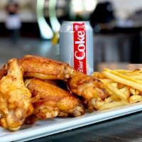 Combo (Medium) · 8 wood-fried wings, regular fries or veggie sticks, 1 dip, and drink.