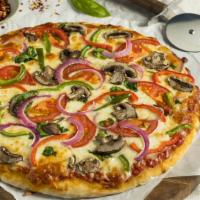 Tuscan Mushroom Pizza · Mouth Watering veggie pizza featuring our homemade roasted garlic sauce, mozzarella, mushroo...
