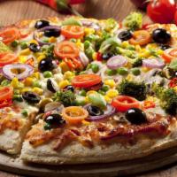 California Roasted Veggie Pizza · Delectable veggie pizza with housemade marinara, mozzarella, heirloom tomatoes, roasted red ...