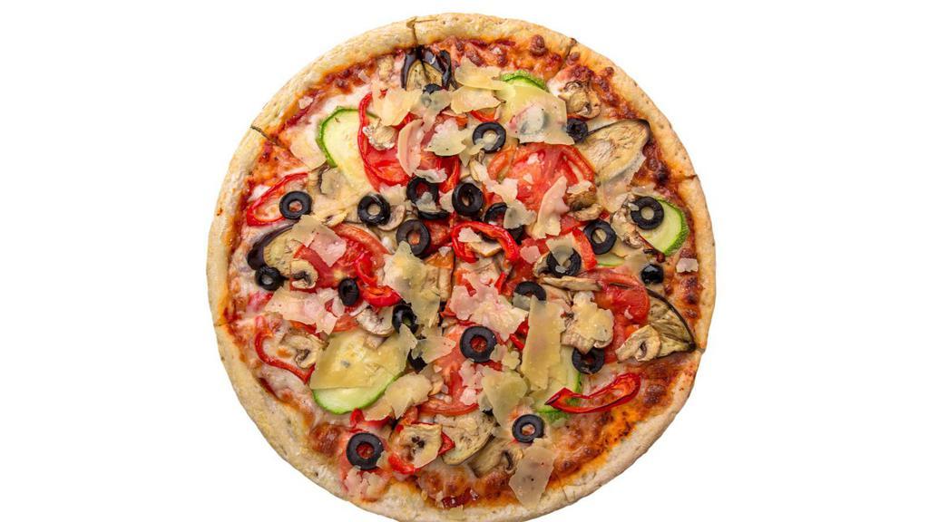 Berkeley Vegan Pizza · Our inviting vegan pizza with housemade marinara, vegan cheese, heirloom tomatoes, vegan sausage, roasted zucchini, roasted red onions, bell peppers, and fresh mushrooms.