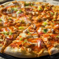 Buffalo Chicken Pizza · Mouthwatering pizza with buffalo sauce, creamy white sauce, buffalo chicken, Italian cheese ...