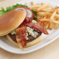 Black And Bleu Burger · Seared with Cajun spices, topped with melted Bleu Cheese crumbles, Applewood-smoked bacon, a...