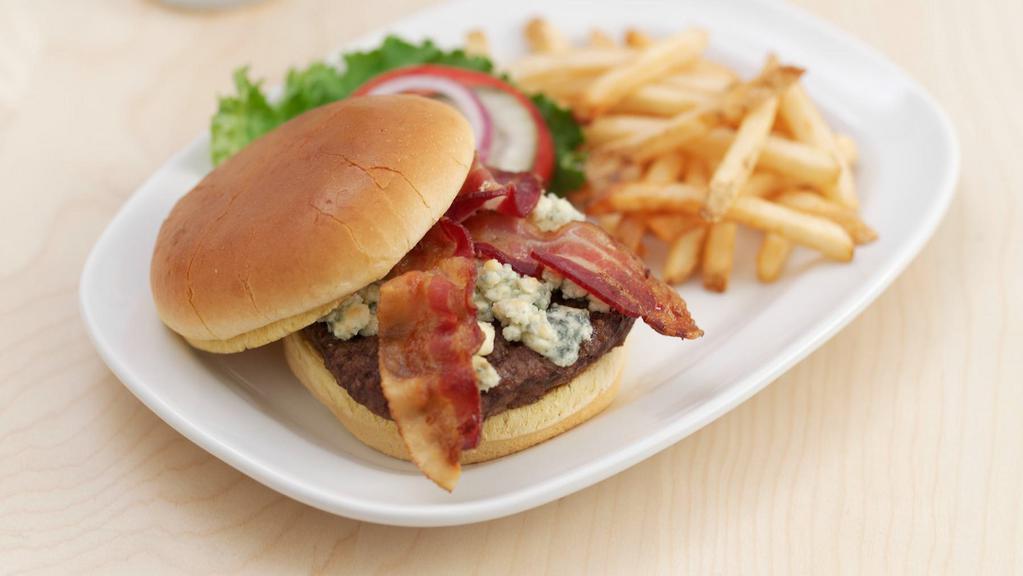 Black And Bleu Burger · Seared with Cajun spices, topped with melted Bleu Cheese crumbles, Applewood-smoked bacon, and our famous Bleu Cheese Dip. Served on a brioche bun with lettuce, tomato and pickles.