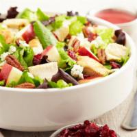 Harvest Salad · Assorted greens, topped with diced grilled chicken, candied pecans, dried cranberries, fresh...