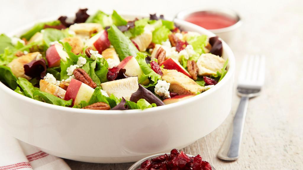 Harvest Salad · Assorted greens, topped with diced grilled chicken, candied pecans, dried cranberries, fresh apples and Bleu Cheese crumbles, tossed in our raspberry walnut vinaigrette.