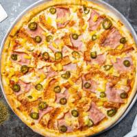 Shifty Spicy Hawaiian Pizza · Fresh pineapples, ham, mozzarella, and spicy jalapenos baked on a hand-tossed dough