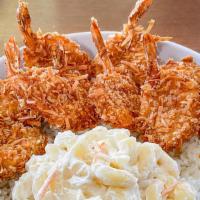Coconut Shrimp · Panko coconut fried shrimp with sweet mango chili, includes rice and one choice of side.