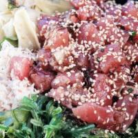 Poke, Large · Includes rice, mixed greens, two choices of fish flavor, and three choices of sides