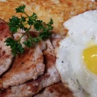 Pork Chops & Eggs · Two Juicy Pork Chops with Eggs, Potatoes & Toast