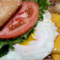 Breakfast Burger · Juicy 1/3 Pound Burger with Egg, Cheese, Lettuce, Tomato