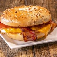 Eggle Bagel Breakfast Sandwich (Bacon Bagel) · Bacon Bagel: cheddar cheese with bacon on an everything bagel