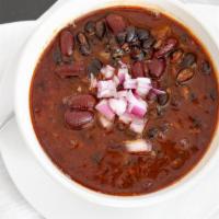 Double Bean Chili · Black bean, kidney beans, onions, garlic, tomatoes, chili spices, agave.