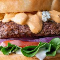 Buffalo Bleu Burger · Half pound burger topped with our Buffalo Bleu sauce, bleu cheese crumbles, ranch dressing, ...