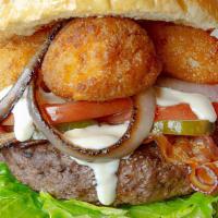 Macdaddy Burger · A signature all-beef patty, topped with fried mac n cheese bites, grilled onions, crispy bac...
