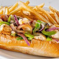 Chicken Philly · Thinly sliced chicken piled high with sauteed onions and peppers then topped with melted Ame...