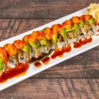 Mermaid Roll · 10 pieces. Eel and shrimp tempura inside, sliced avocado, spicy mayo, eel sauce, and orange ...