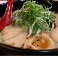 Tonkotsu Ramen · Pork broth, bean sprout, green onion, wood ear mushroom, chashu, and flavored egg.