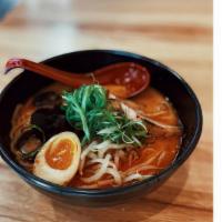 Spicy Miso Ramen · Spicy. Pork broth, bean sprout, green onion, wood ear mushroom, chashu, and flavored egg.