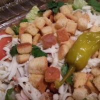 Bbq Chicken Salad · Chicken breast, lettuce, tomato, corn, cilantro with ranch and bbq sauce.