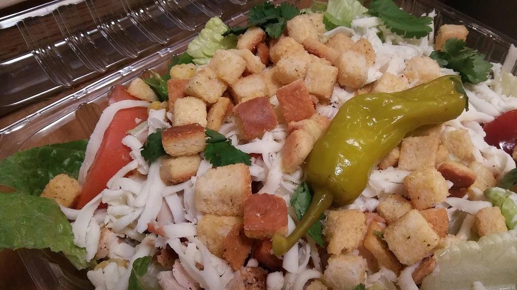 Bbq Chicken Salad · Chicken breast, lettuce, tomato, corn, cilantro with ranch and bbq sauce.