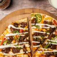 Pizzogi (Korean) · Marinated steak, bell pepper medley, red
onions, jalapeños, scallions, drizzled with chili g...