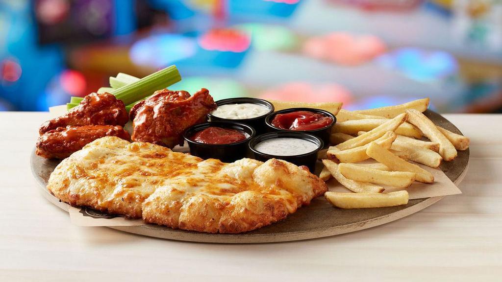 Large App Sampler · A little bit of this and a little bit of that! Our app sampler offers a taste of three party favorites:  Cheesy Bread, French Fries and your choice of traditional bone-in or boneless wings. Comes with pizza sauce, ranch, blue cheese, ketchup. Serves approx. 4-6.
