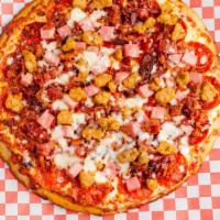 Meat Lovers · Cheese, pepperoni, ham, sausage, bacon.