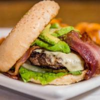 California Burger · Topped with bacon, avocado & Jack cheese.