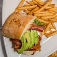 California Chicken · Grilled chicken breast topped with bacon, avocado & Jack cheese on ciabatta bread