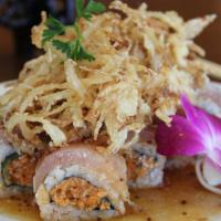 Albacore Lover Roll · Spicy. In: spicy albacore, cucumber, out: albacore, crispy onion, garlic ponzu, and mustard ...