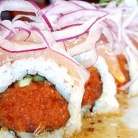 Albacore Special Roll · Spicy. In: spicy tuna, cucumber, out: albacore, red onion, garlic ponzu, and mustard.