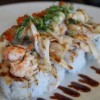 Dynamite Roll · In: Crab, cucumber, avocado, out: veggie mix, scallop, langostino, eel sauce, spicy mayo, ma...